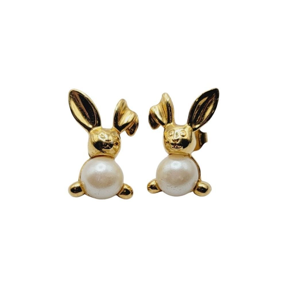 Avon Vintage Gold Tone Easter Bunny Rabbit Real Pearl Belly Pierced Earrings
